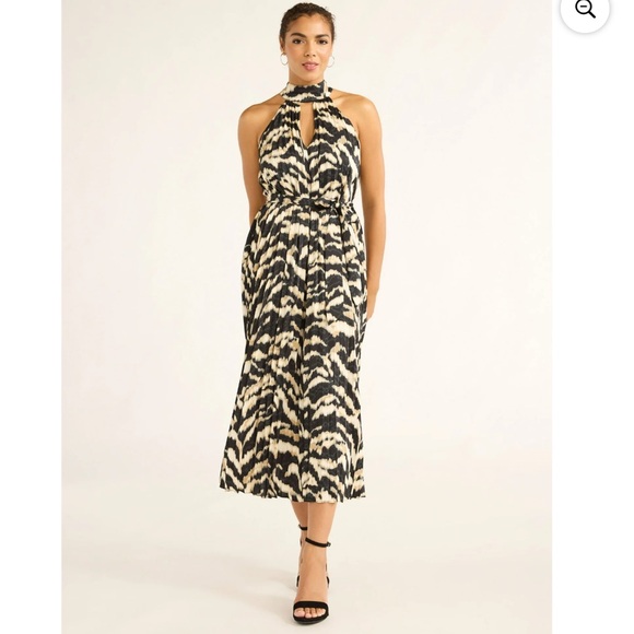NWT Sofia Vergara Pleated Halter Midi Dress black brown and cream Large - Picture 1 of 12